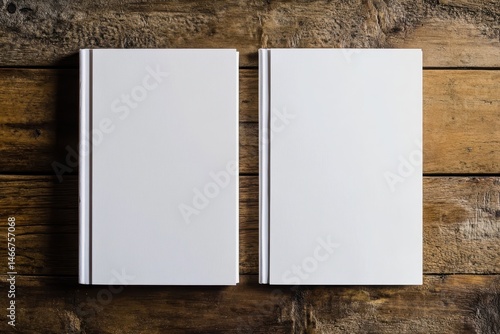 Magazine Mockup Front Back. Blank White Book Cover Mockup on Wood Table Background