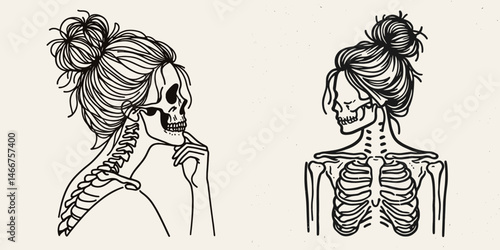 Female Skeleton with Messy Bun Standing. girl bun Outline Clipart ink line art doodle vector illustration. Woman bone structure disheveled knot posing anatomy themed image.