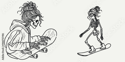Female Skeleton with Messy Bun Snowboarding. girl bun Outline Clipart ink line art doodle vector illustration. Woman bones figure winter sport fun carving powder untidy knot.
