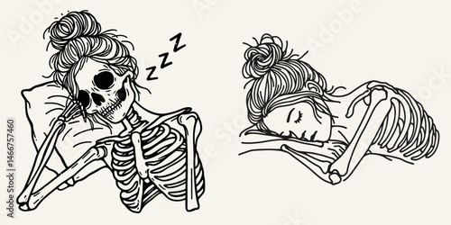 Female Skeleton with Messy Bun Sleeping. girl bun Outline Clipart ink line art doodle vector illustration. Lady skeletal form disheveled knot dormant.