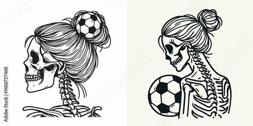 Female Skeleton with Messy Bun Soccer. girl bun Outline Clipart ink line art doodle vector illustration. Woman cranium casual hairdo at sporty game action illustration.