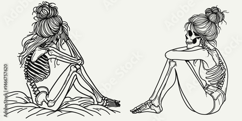 Female Skeleton with Messy Bun Sitting. girl bun Outline Clipart ink line art doodle vector illustration. Feminine bone structure having untidy chignon poised in a reclined posture.