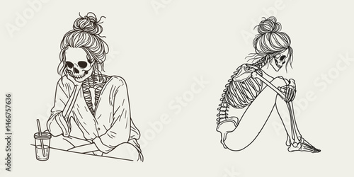 Female Skeleton with Messy Bun Sitting. girl bun Outline Clipart ink line art doodle vector illustration. Woman bone structure figure untidy coil hairdo postured on chair.