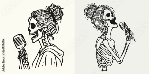 Female Skeleton with Messy Bun Singing. girl bun Outline Clipart ink line art doodle vector illustration. Woman bone structure in untidy topknot performing vocal music illustration.