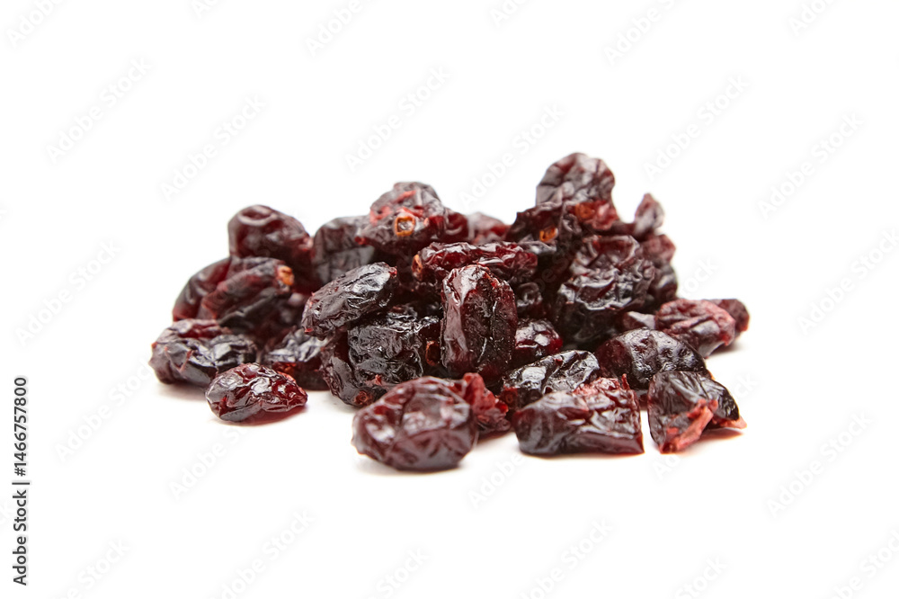 Close-up of a small pile of dried cranberries with a glossy, wrinkled texture and rich red hues, displayed on a clean white background Close-up of a small pile of dried cranberries with a glossy, wrinkled texture and rich red hues, displayed on a clean white background