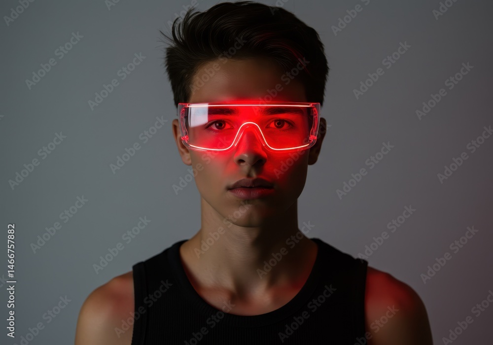 Young man with futuristic red glowing glasses looking forward in a studio setting with a neutral background Young man with futuristic red glowing glasses looking forward in a studio setting with a neutral background