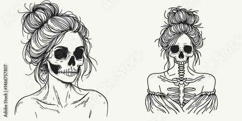 Female Skeleton with Messy Bun Scary. girl bun Outline Clipart ink line art doodle vector illustration. Lady skeletal figure untidy chignon frightful spooky macabre cranium.