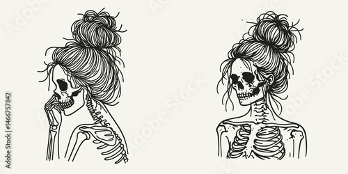Female Skeleton with Messy Bun Scary. girl bun Outline Clipart ink line art doodle vector illustration. Spooky feminine skull figure disheveled chignon frightening apparition.