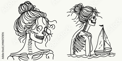 Female Skeleton with Messy Bun Sailing. girl bun Outline Clipart ink line art doodle vector illustration. Woman skull disheveled chignon navigating ocean vessel voyage.