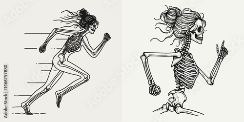 Female Skeleton with Messy Bun Running. girl bun Outline Clipart ink line art doodle vector illustration. Bony woman unkempt knot sprinting physical activity concept bone structure.