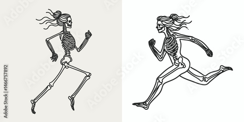Female Skeleton with Messy Bun Running. girl bun Outline Clipart ink line art doodle vector illustration. Lady bone unkempt chignon sprinting a anatomical figure moving.