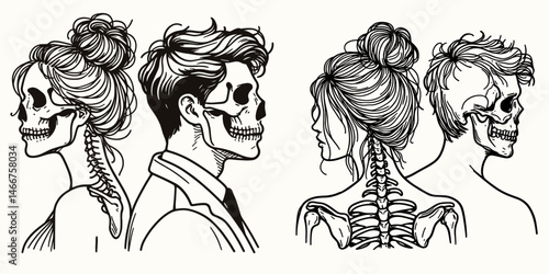 Female Skeleton with Messy Bun Romantic Couple. girl bun Outline Clipart ink line art doodle vector illustration. Lady bone structure untidy chignon loving pair affectionate relationship.