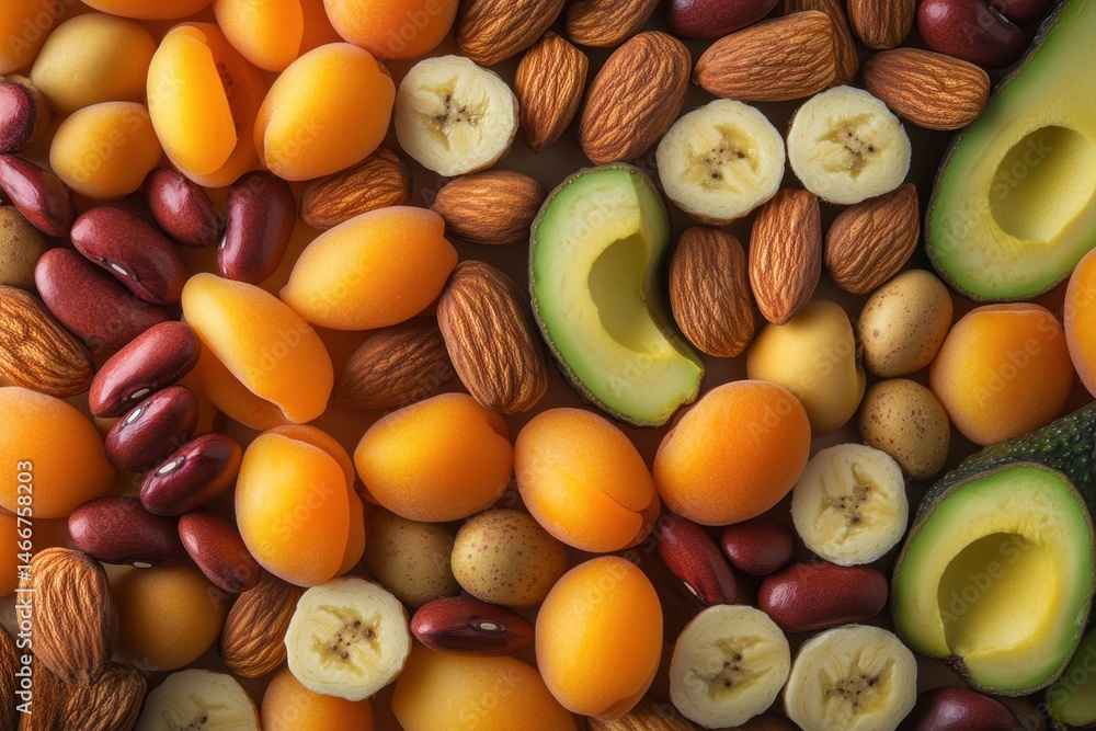 Magnesium Background. Assortment of Vitamin-Rich Foods with Almonds and Apricots
