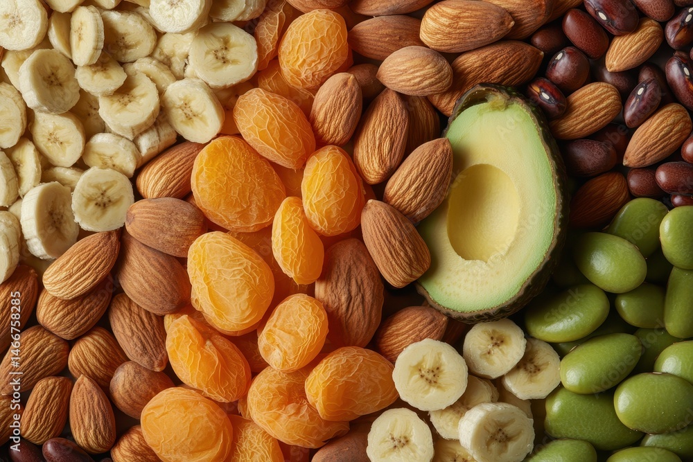 Magnesium Background. Assortment of Food rich in Vitamin Mg and Antioxidants like Almonds, Apricots, Avocado, Banana, and Beans