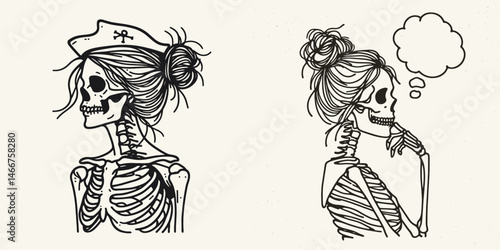 Female Skeleton with Messy Bun Pirate. girl bun Outline Clipart ink line art doodle vector illustration. Buccaneer cranium of a dame disheveled knot nautical undead icon.
