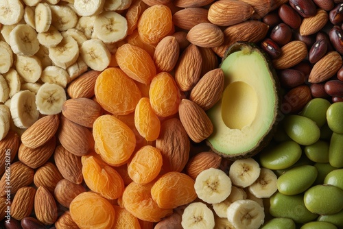 Obraz na płótnie Magnesium Background. Assortment of Food rich in Vitamin Mg and Antioxidants like Almonds, Apricots, Avocado, Banana, and Beans w salonie