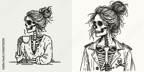 Female Skeleton with Messy Bun Pirate. girl bun Outline Clipart ink line art doodle vector illustration. Undead woman buccaneer icon disheveled hair knot skull bones.