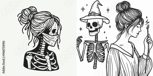 Female Skeleton with Messy Bun Ninja. girl bun Outline Clipart ink line art doodle vector illustration. Bone anatomy woman warrior disheveled hair knot clandestine martial.