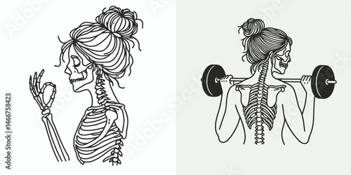 Female Skeleton with Messy Bun Meditation. girl bun Outline Clipart ink line art doodle vector illustration. Bone woman in loose hairdo finds serenity inner peace through mindfulness.