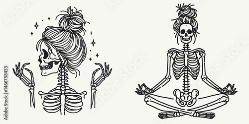 Female Skeleton with Messy Bun Meditation. girl bun Outline Clipart ink line art doodle vector illustration. Bone structure of woman practicing mindful relaxation untidy hairdo.