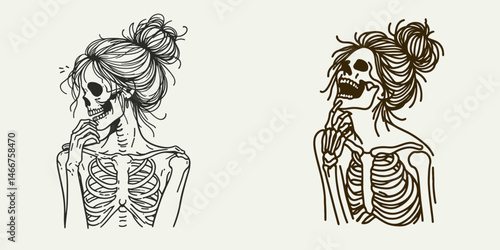 Female Skeleton with Messy Bun Laughing. girl bun Outline Clipart ink line art doodle vector illustration. Smiling skull of a woman untidy hairdo humor concept.