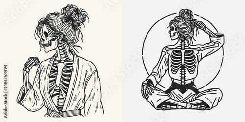 Female Skeleton with Messy Bun Karate. girl bun Outline Clipart ink line art doodle vector illustration. Bony woman form disheveled coil practicing martial for fitness.