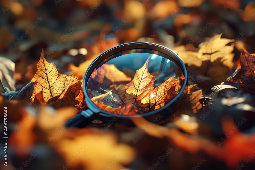Magnifying Glass Nature. Closeup of Leaf on Forest Floor in Autumn Season