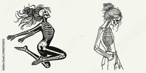 Female Skeleton with Messy Bun Jumping. girl bun Outline Clipart ink line art doodle vector illustration. Feminine bony figure in disarrayed topknot leaping a macabre graphic portrayal.