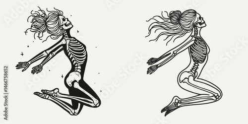 Female Skeleton with Messy Bun Jumping. girl bun Outline Clipart ink line art doodle vector illustration. Anatomical woman figure having fun in air disheveled coiled coiffure.