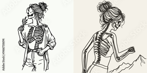 Female Skeleton with Messy Bun Hiking. girl bun Outline Clipart ink line art doodle vector illustration. Cranium untidy chignon trekking bony woman doing outdoor recreation.