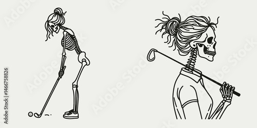 Female Skeleton with Messy Bun Golfing. girl bun Outline Clipart ink line art doodle vector illustration. Bony lady untidy hairstyle playing the sport of golf on green.