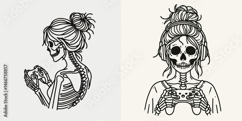 Female Skeleton with Messy Bun Gaming. girl bun Outline Clipart ink line art doodle vector illustration. Womans bony anatomy sporting disheveled hairdo enjoying electronic play.