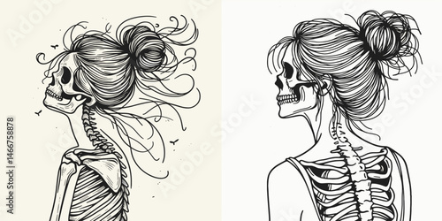 Female Skeleton with Messy Bun Flying. girl bun Outline Clipart ink line art doodle vector illustration. Womans skeletal frame aloft untidy hairdo free spirit concept halloween theme.
