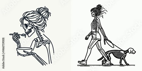Female Skeleton with Messy Bun Eating. girl bun Outline Clipart ink line art doodle vector illustration. Lady bone structure having disheveled hairdo devouring item.