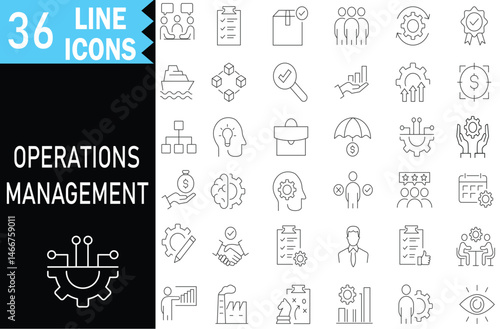 Operations management web icons in line style. Logistics, improvement, planning,Audit, processing, business process, maintenance, supply chain, operation collection.