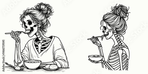 Female Skeleton with Messy Bun Eating. girl bun Outline Clipart ink line art doodle vector illustration. Bony woman figure sporting unkempt hairstyle devouring nourishment depiction.