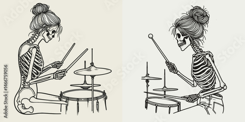 Female Skeleton with Messy Bun Drummer. girl bun Outline Clipart ink line art doodle vector illustration. Bony lady percussionist disheveled coil playing musical rhythm instrument.