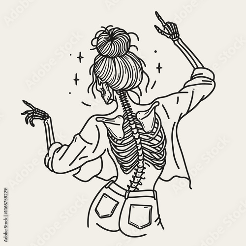 Female Skeleton with Messy Bun Dancing. girl bun Outline Clipart ink line art doodle vector illustration. Bone gal chaotic chignon jiving skeletal lady at a playful party.