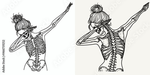 Female Skeleton with Messy Bun Dabbing. girl bun Outline Clipart ink line art doodle vector illustration. Human skull unkempt coil gesturing dance move humoristic artwork.