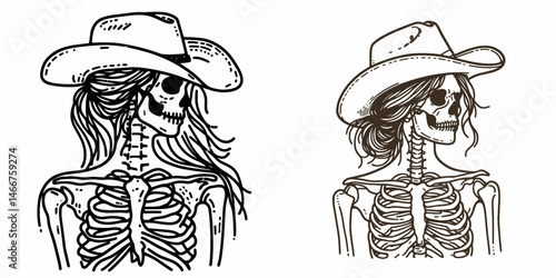 Female Skeleton with Messy Bun Cowboy. girl bun Outline Clipart ink line art doodle vector illustration. Bony woman form having disheveled hair knot sporting rancher attire.