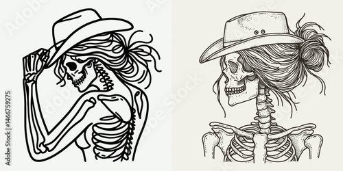 Female Skeleton with Messy Bun Cowboy. girl bun Outline Clipart ink line art doodle vector illustration. Lady bony figure sporting untidy chignon clad in western ranger attire.