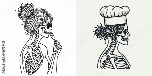 Female Skeleton with Messy Bun Chef. girl bun Outline Clipart ink line art doodle vector illustration. Woman cranium untidy chignon cook gastronomy vocation image.