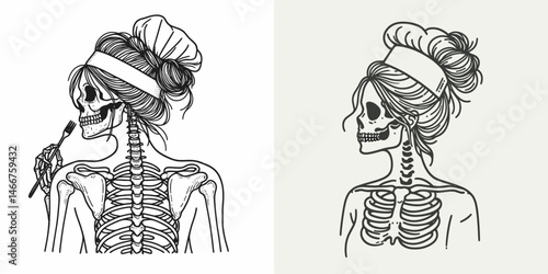Female Skeleton with Messy Bun Chef. girl bun Outline Clipart ink line art doodle vector illustration. Lady bone untidy topknot culinarian gastronomy humanoid form artwork.