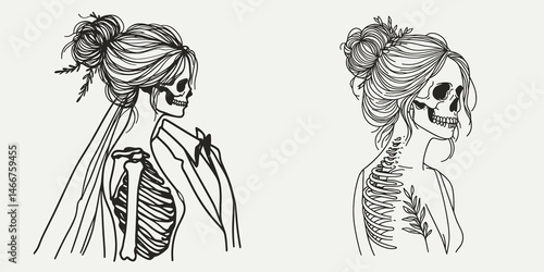 Female Skeleton with Messy Bun Bride and Groom. girl bun Outline Clipart ink line art doodle vector illustration. Undead woman figurine in nuptial attire disheveled hair knot for marriage.