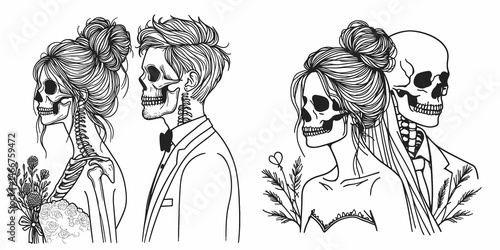Female Skeleton with Messy Bun Bride and Groom. girl bun Outline Clipart ink line art doodle vector illustration. Spooky bony groom artwork undead woman hairdo wedlock.
