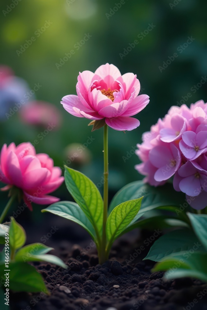 A single pink blossom's stem pushes through dark soil, nestled amongst vibrant hydrangea and peony foliage , lush, dark A single pink blossom's stem pushes through dark soil, nestled amongst vibrant hydrangea and peony foliage , lush, dark