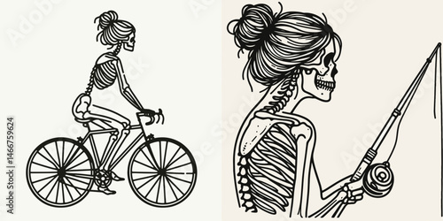 Female Skeleton with Messy Bun Biking. girl bun Outline Clipart ink line art doodle vector illustration. Woman bone structure sporting disheveled hairdo astride bicycle.