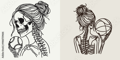 Female Skeleton with Messy Bun Baseball. girl bun Outline Clipart ink line art doodle vector illustration. Woman cranium untidy chignon game ball recreation undead being avatar.