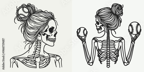 Female Skeleton with Messy Bun Baseball. girl bun Outline Clipart ink line art doodle vector illustration. Woman skull sporting untidy coil hairstyle active game lover motif.
