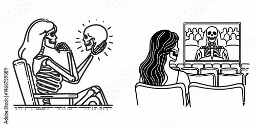 Female Skeleton watching a play. girl with messy bun Outline Clipart ink line art doodle vector illustration. Bony woman observing theatrical drama macabre spectacle morbid humor.